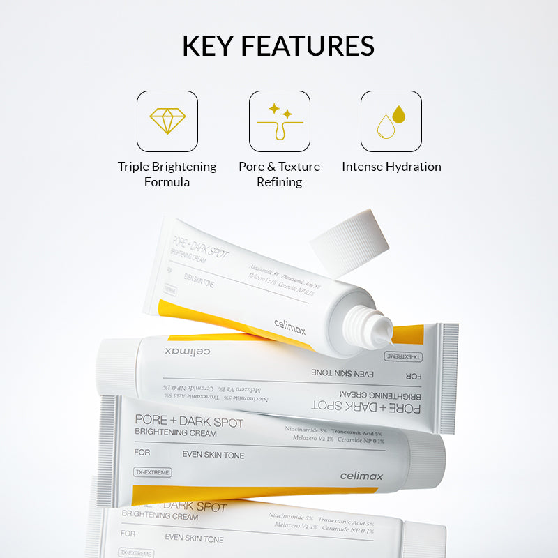 Celimax PORE+DARK Illuminating Cream combining 5% niacinamide, 5% tranexamic acid, and 1% Melazero V2.