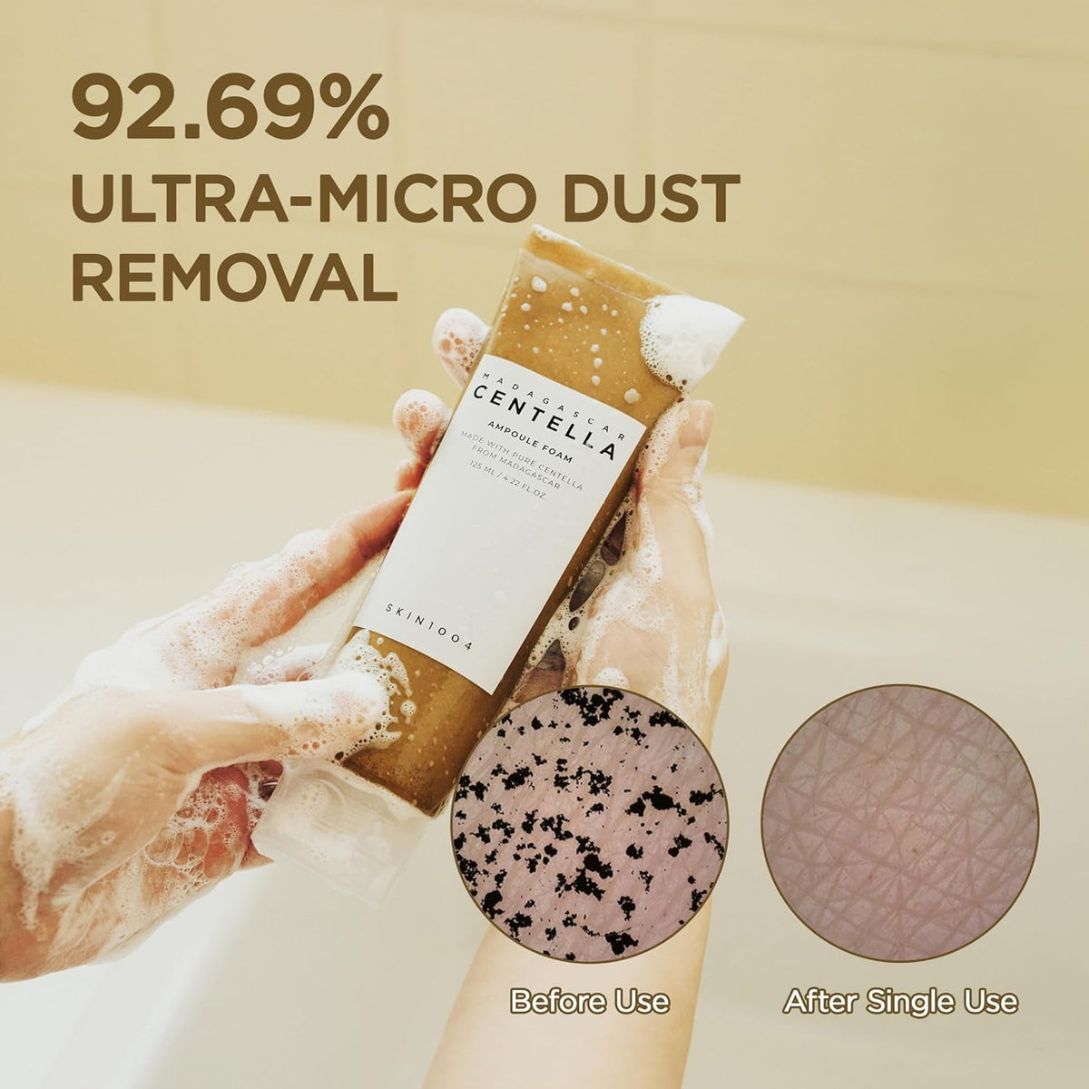 SKIN1004 Centella Ampoule Foam transforming a light creamy paste into a rich, delicate foam for a comfortable cleanse.