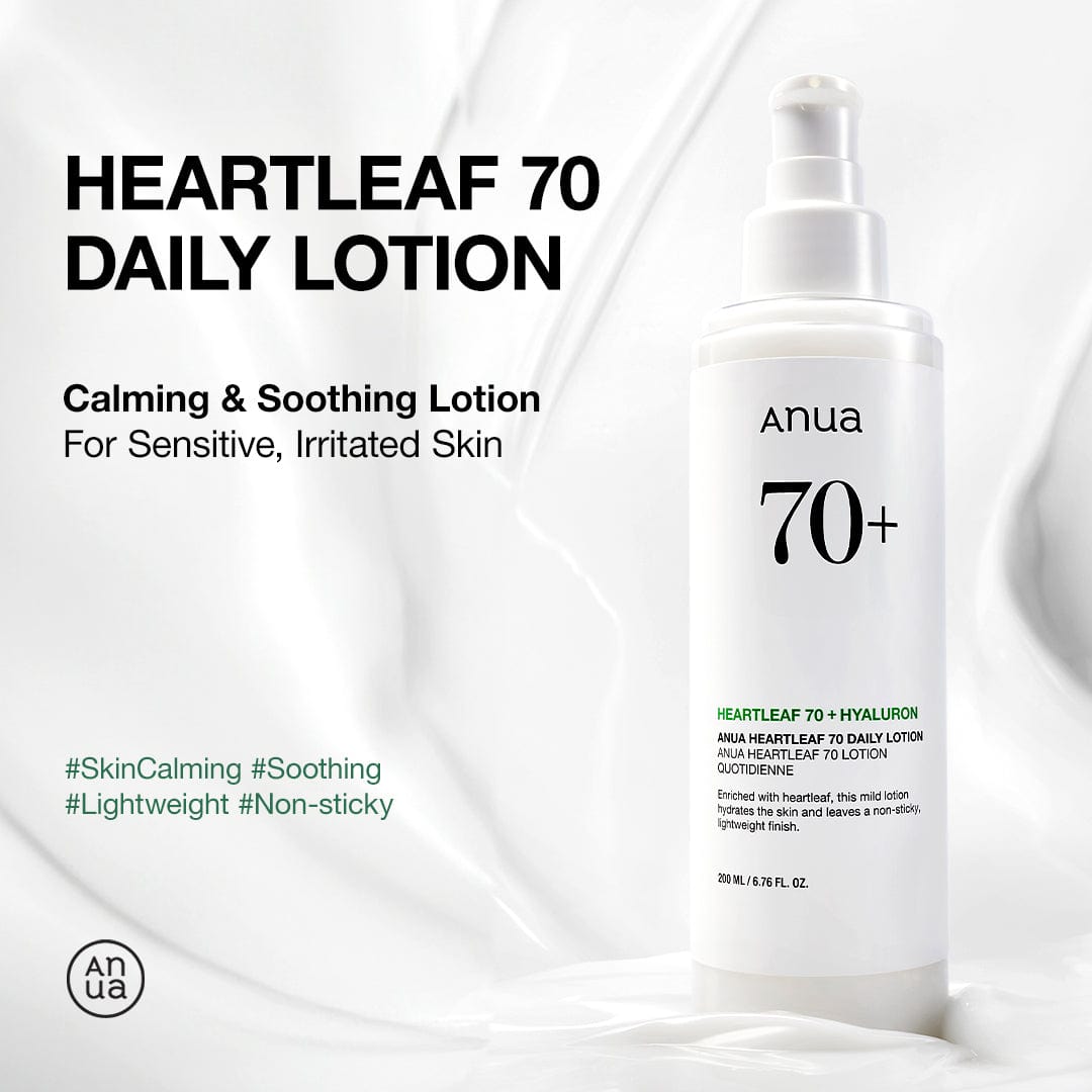 Anua Heartleaf 70 Daily Lotion offering a non-comedogenic, fragrance-free formula tested for low irritation.