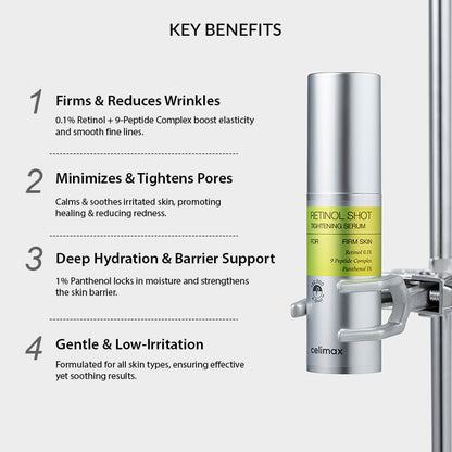 Celimax Vita A Retinol Shot Serum contributing to skin elasticity with a 9-peptide complex.