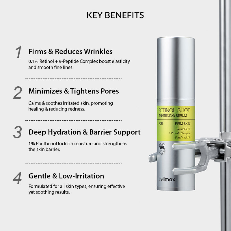 Celimax Vita A Retinol Shot Serum contributing to skin elasticity with a 9-peptide complex.