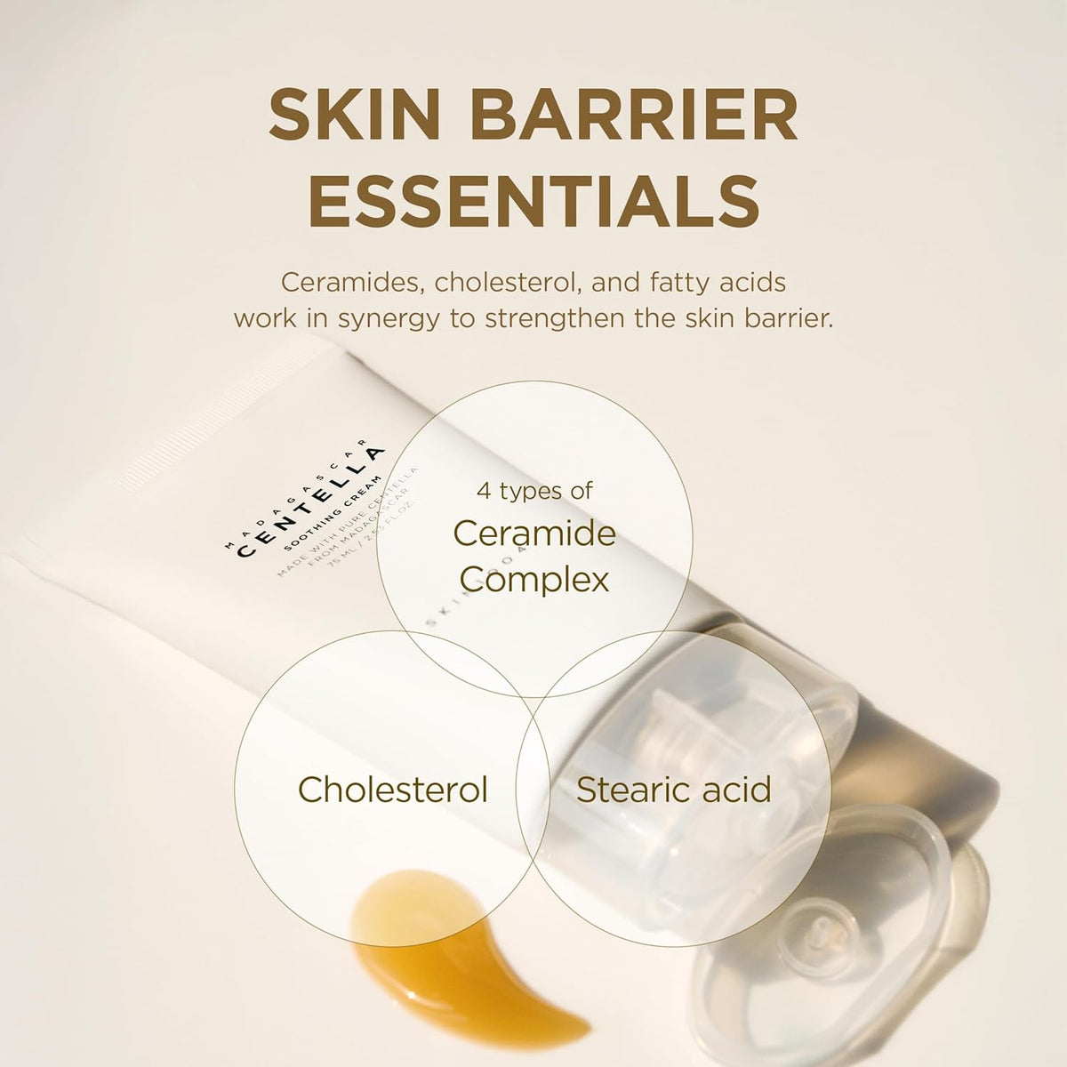 Centella Calming Cream strengthening and restoring the skin barrier with essential ceramides, cholesterol, and fatty acids.