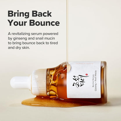 Beauty of Joseon Revitalising Serum combining 63% ginseng root water and 3% snail mucin to nourish the skin.