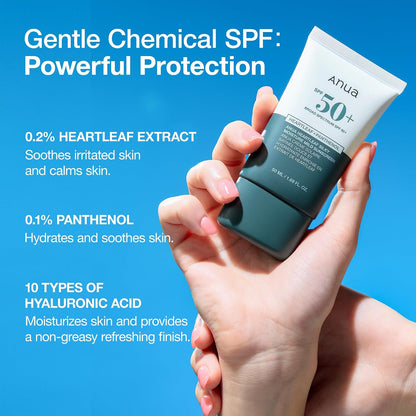 Anua Heartleaf FPS 50+ Sunscreen preventing premature ageing and sun spots with high UVA and UVB filters.