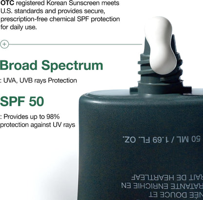 Anua Heartleaf FPS 50+ Sunscreen soothing sensitive and reactive skin with antioxidant-rich heartleaf extract.