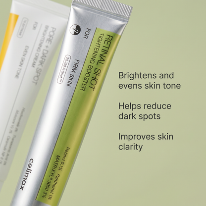 Celimax Vita A Retinal Shot Booster + PORE+DARK Brightening Cream Kit combining 0.1% liposomal retinal with tranexamic acid.