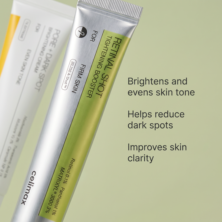 Celimax Vita A Retinal Shot Booster + PORE+DARK Brightening Cream Kit combining 0.1% liposomal retinal with tranexamic acid.
