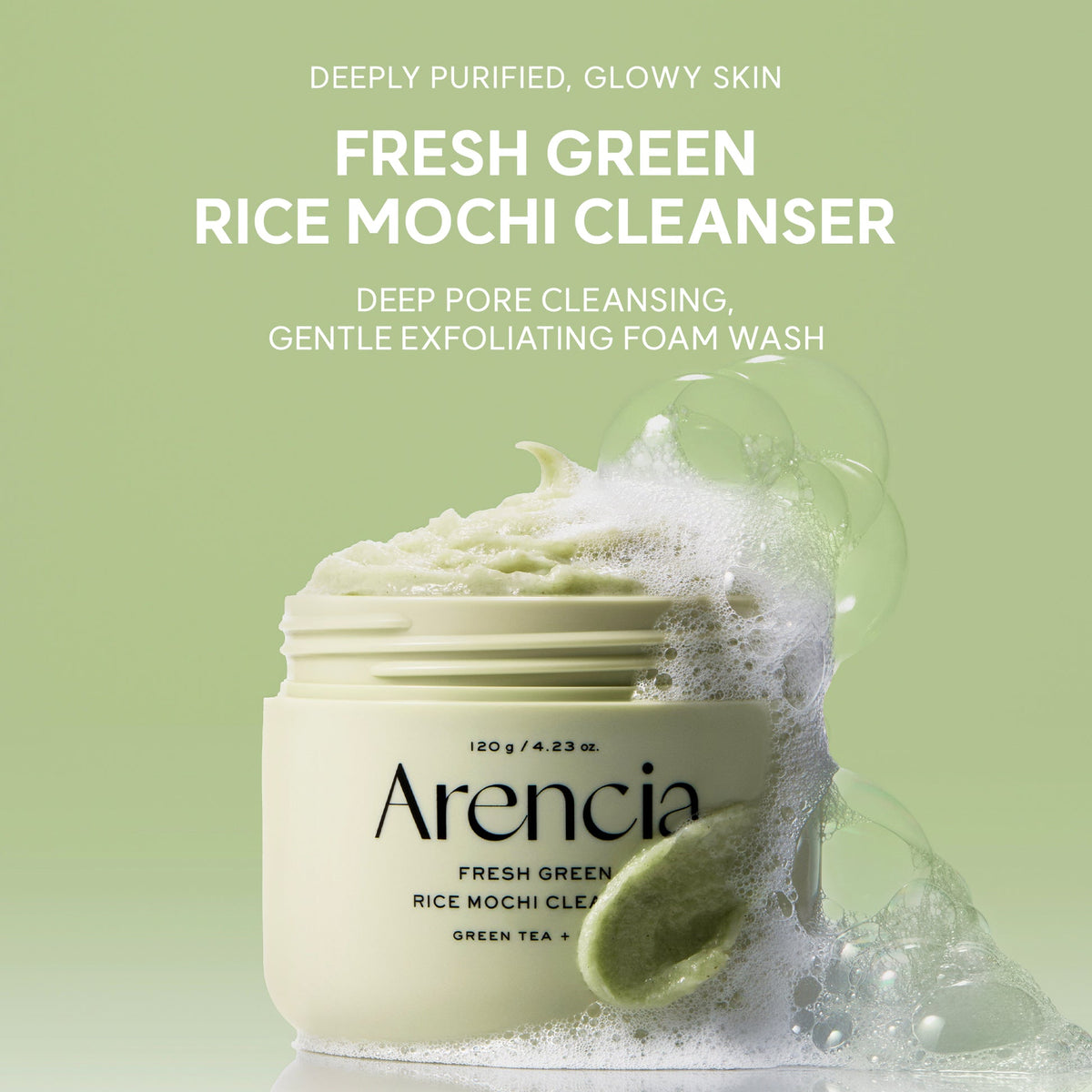 Arencia Fresh Green Rice Mochi Cleanser gently exfoliating dead skin cells with rice water and rice powder.