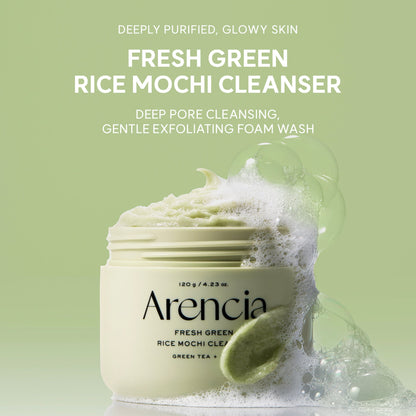 Arencia Fresh Green Rice Mochi Cleanser gently exfoliating dead skin cells with rice water and rice powder.