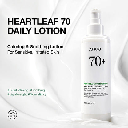 Anua Heartleaf 70 Daily Lotion offering a non-comedogenic, fragrance-free formula tested for low irritation.