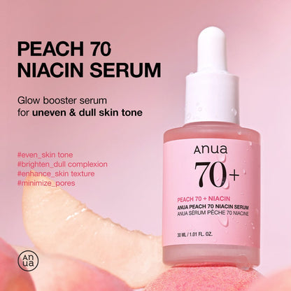 Anua Peach 70% + Niacinamide 5% Serum delivering deep multi-layer hydration with triple hyaluronic acid and vitamin B12.