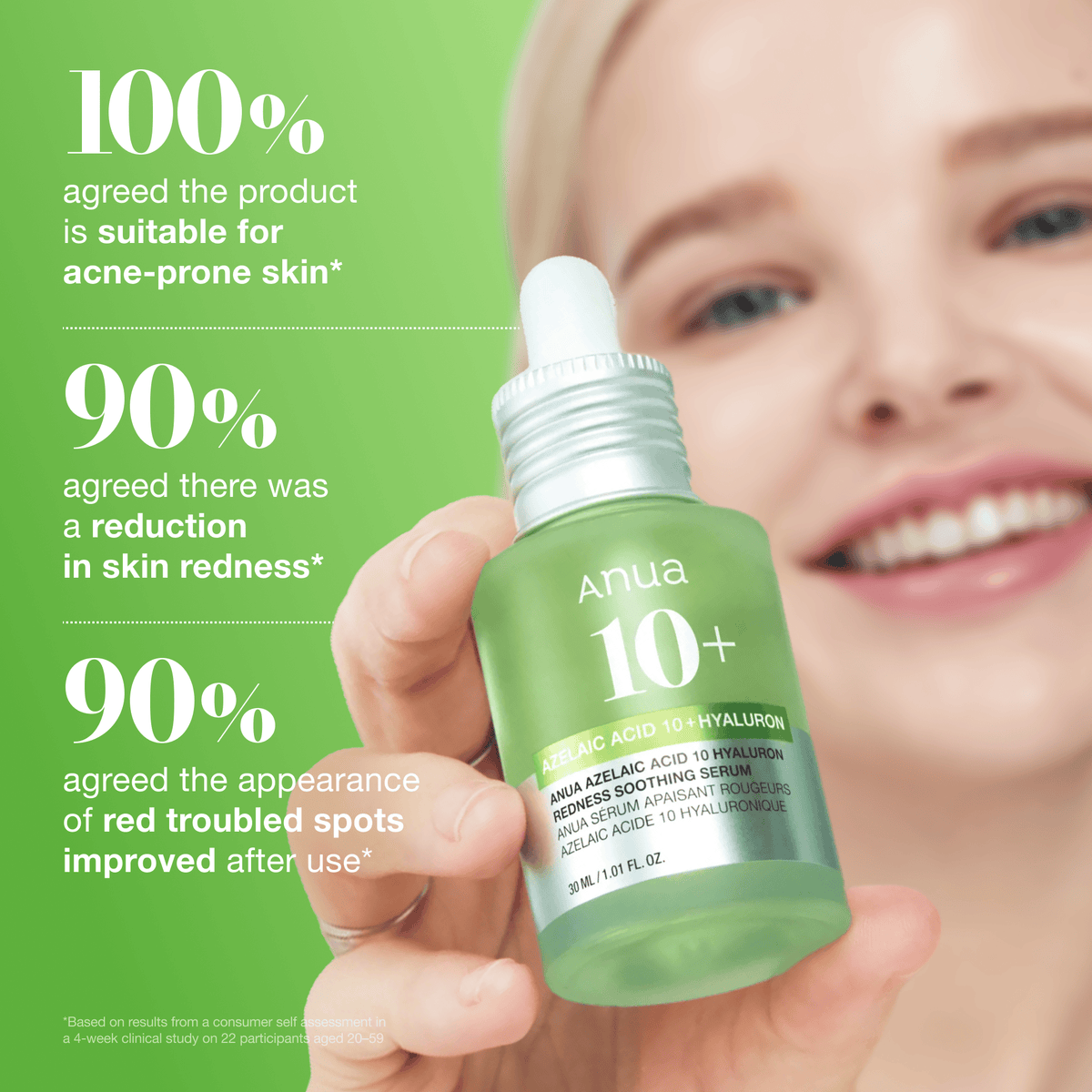 Anua Azelaic Acid 10% + Hyaluron Serum strengthening the natural skin barrier with ceramide NP, panthenol, and squalane.