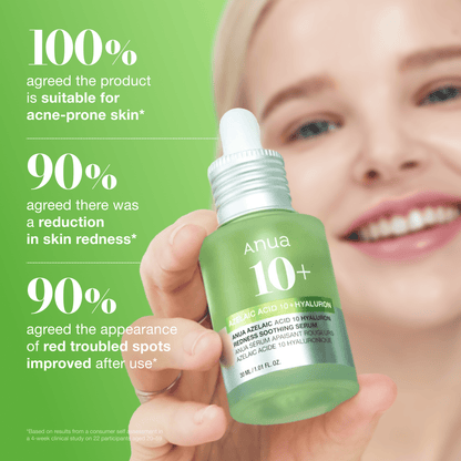 Anua Azelaic Acid 10% + Hyaluron Serum strengthening the natural skin barrier with ceramide NP, panthenol, and squalane.