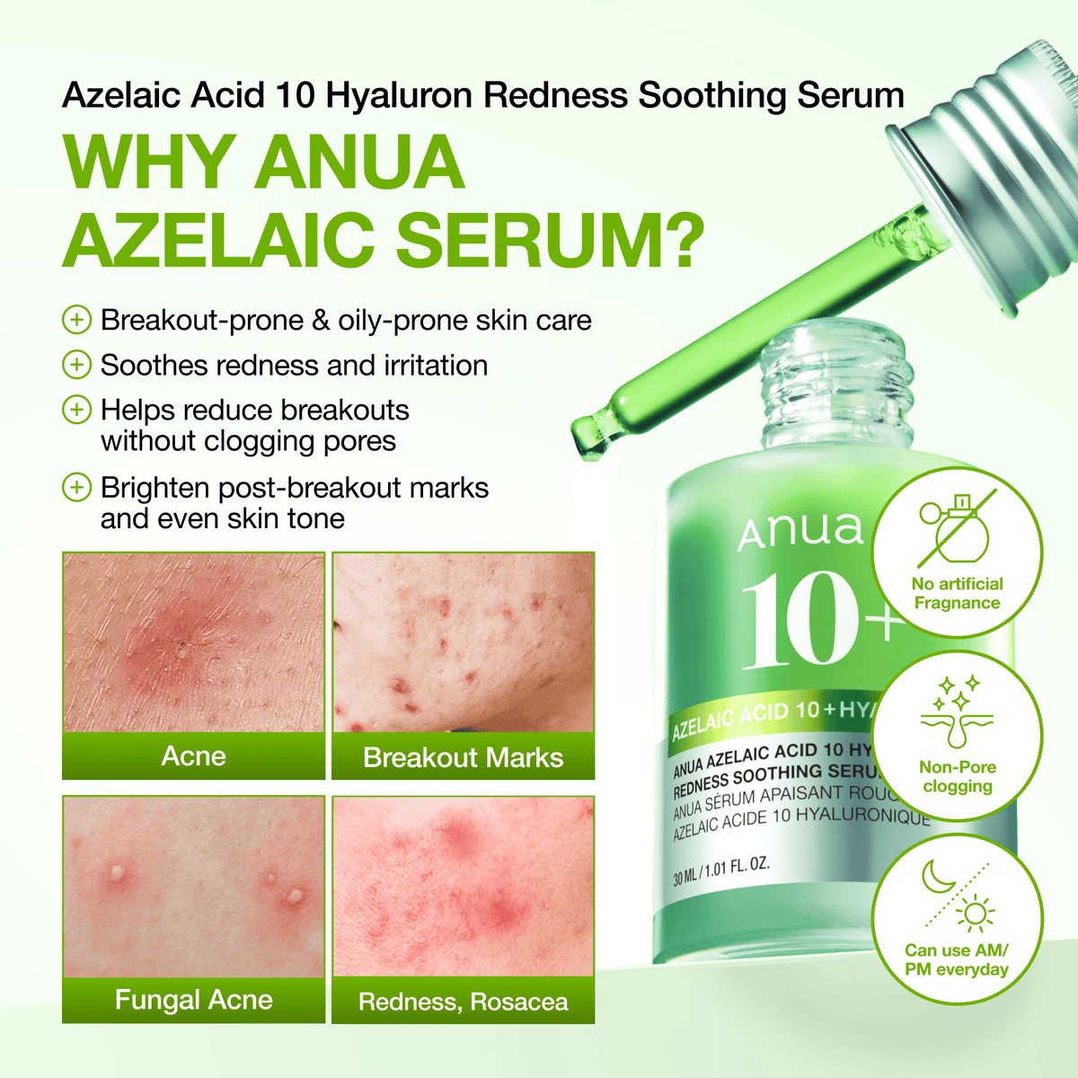 Anua Azelaic Acid 10% + Hyaluron Serum offering a non-comedogenic and fragrance-free formula for sensitive skin.
