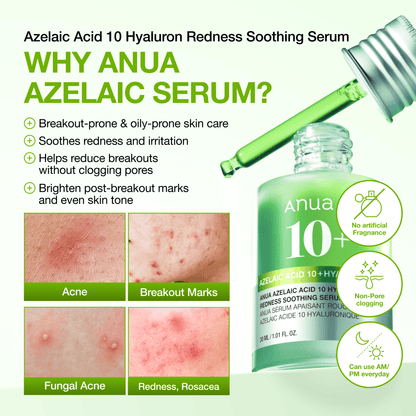 Anua Azelaic Acid 10% + Hyaluron Serum offering a non-comedogenic and fragrance-free formula for sensitive skin.