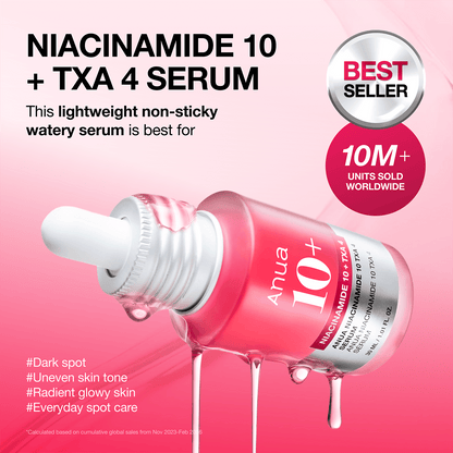 Anua Niacinamide 10% + TXA 4% Serum calming redness and skin discomfort with centella asiatica extract.