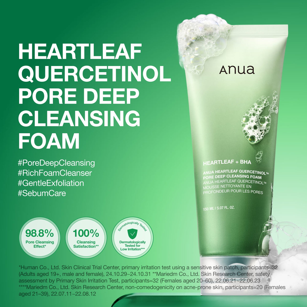 Anua Heartleaf Quercetinol Pore Deep Cleansing Foam maintaining crucial skin hydration during cleansing with a hyaluronic acid complex.