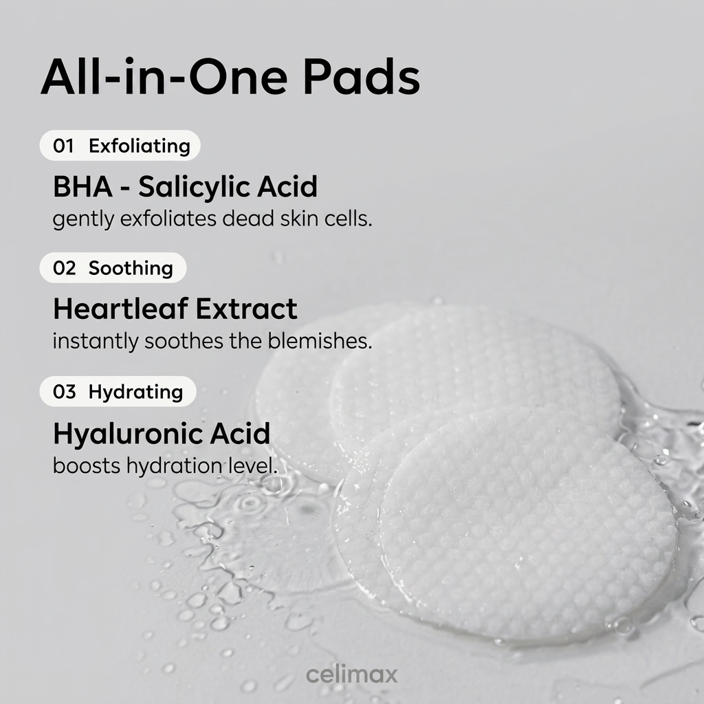 Celimax Heartleaf BHA Exfoliating Pads calming and supporting skin recovery with madecassoside and asiaticoside.