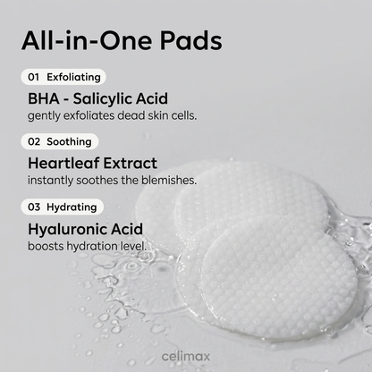 Celimax Heartleaf BHA Exfoliating Pads calming and supporting skin recovery with madecassoside and asiaticoside.