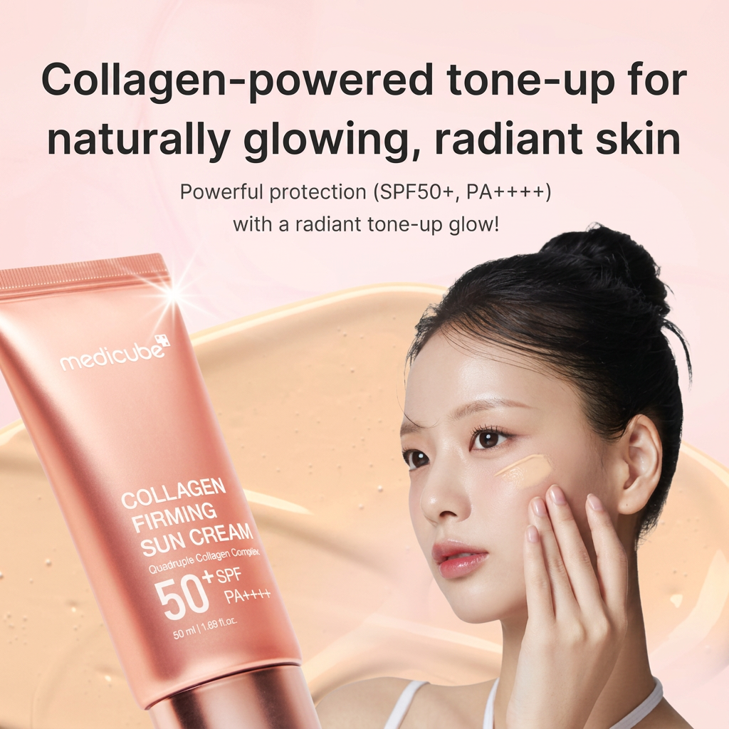 Medicube Collagen Firming Sunscreen defending the skin against UV damage while boosting radiance.