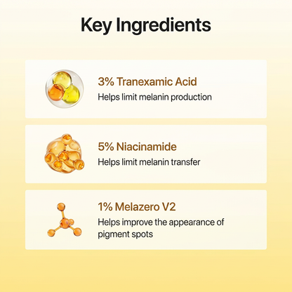 Celimax Brightening Serum with 5% Niacinamide & 3% Tranexamic Acid reducing persistent pigmentation with 3% tranexamic acid.