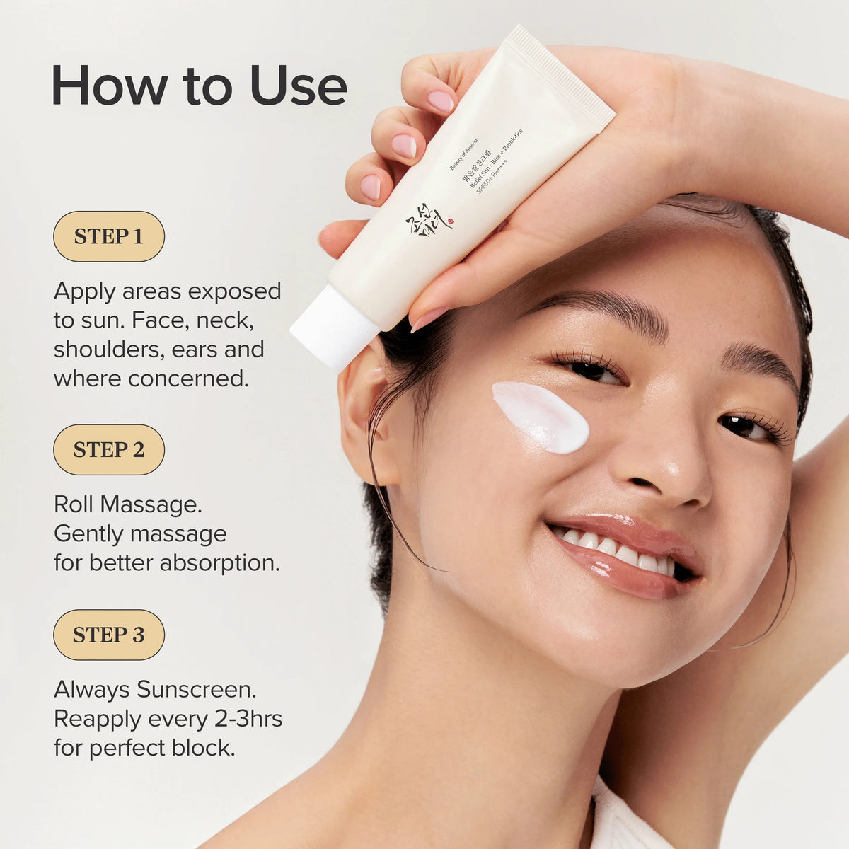 Beauty of Joseon Rice & Probiotic Sunscreen SPF50+ PA++++ hydrating the skin and promoting a natural glow with rice extract.