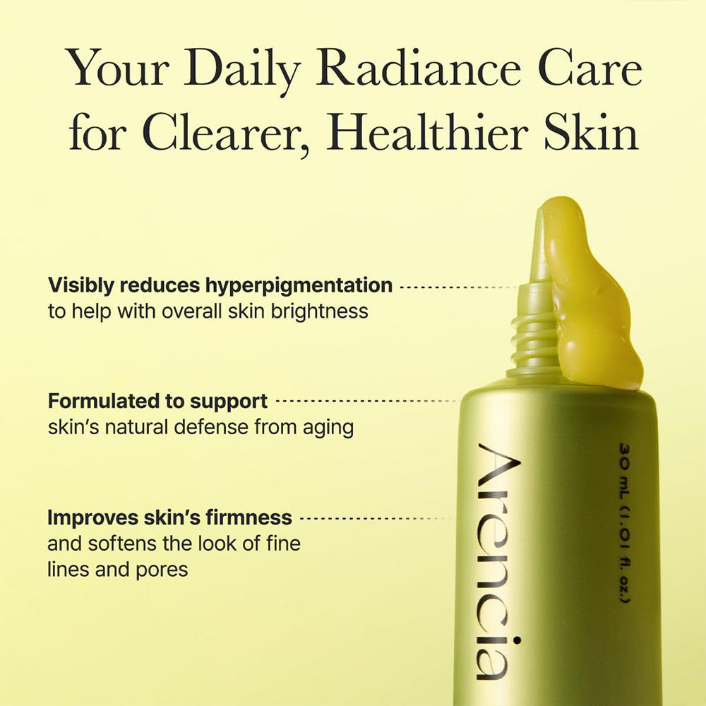 Arencia Vitamin C Booster Shot Serum soothing skin and locking in moisture with panthenol and allantoin.