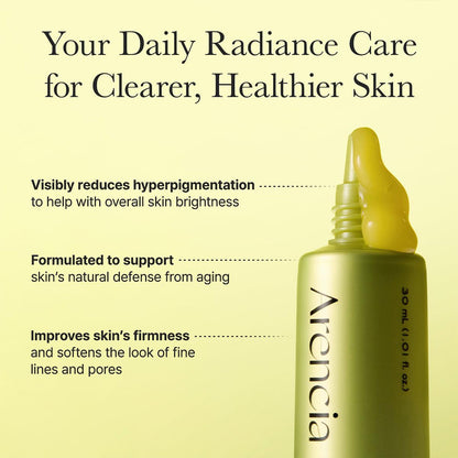 Arencia Vitamin C Booster Shot Serum soothing skin and locking in moisture with panthenol and allantoin.
