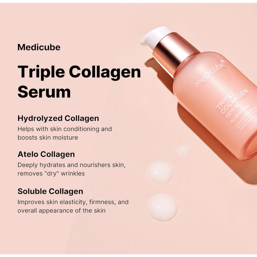 Medicube Triple Collagen Serum 3.0 smoothing fine lines and restoring a radiant glass skin glow.