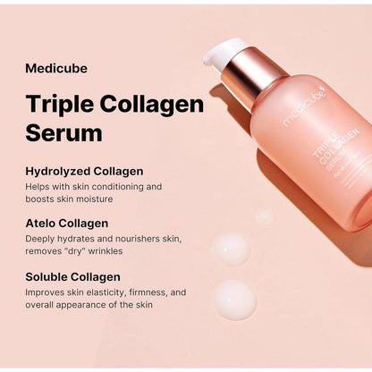 Medicube Triple Collagen Serum 3.0 smoothing fine lines and restoring a radiant glass skin glow.