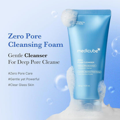 Medicube Zero Pore 3-Step Set deeply purifying pores and protecting against micro-pollutants with Zero Foam Cleanser.